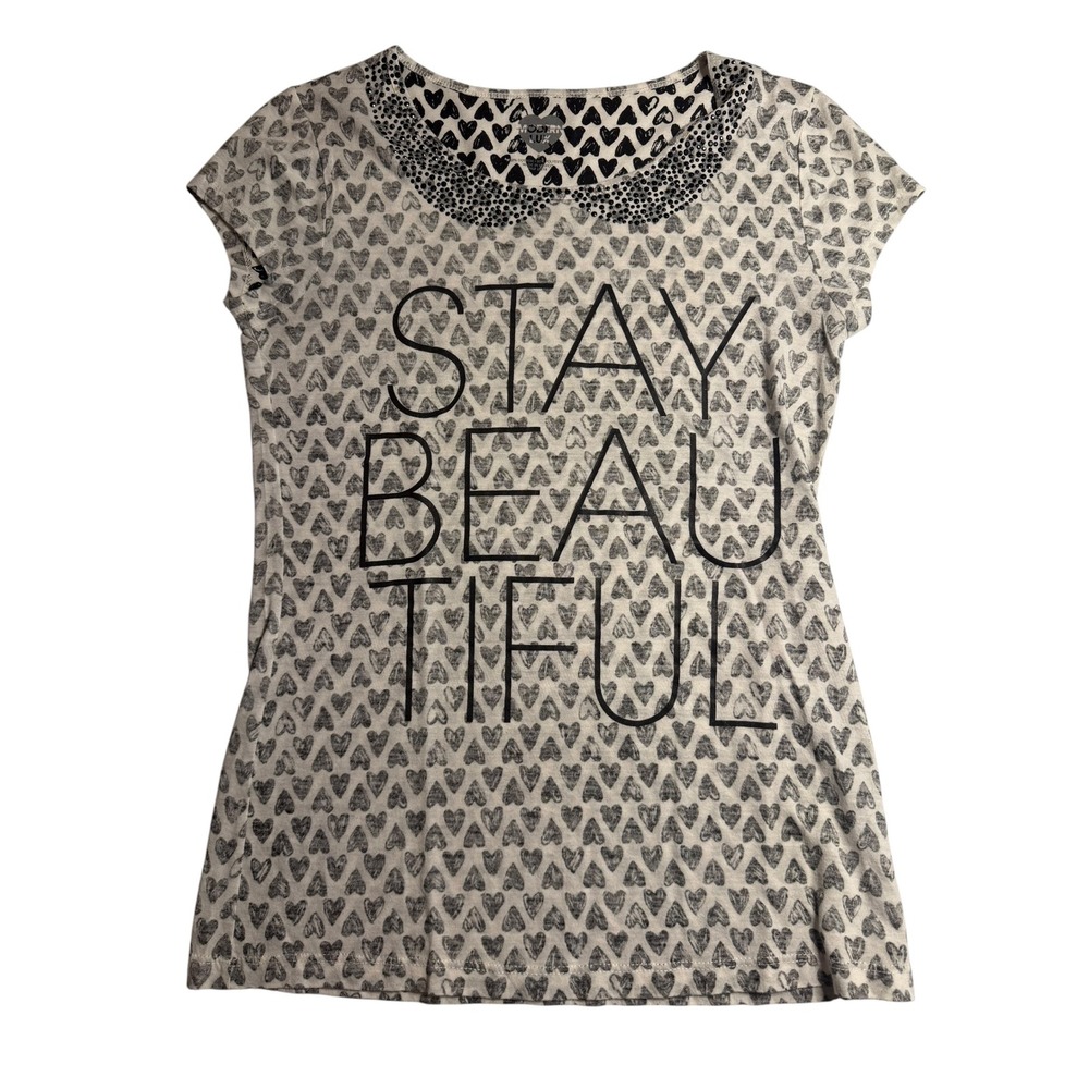 Modern Lux Tee Gray Heart Print Sequin Collar‎ Stay Beautiful Medium Women